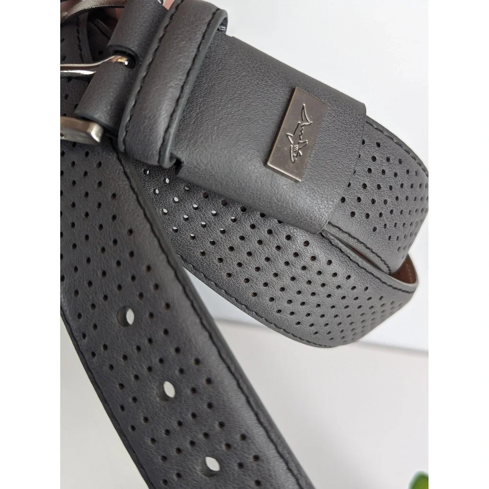 Greg Norman Mens Size 38 Grey Genuine Leather Comfort Stretch Perforated Belt